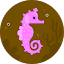 Cute pink seahorse swimming in underwater scenery.