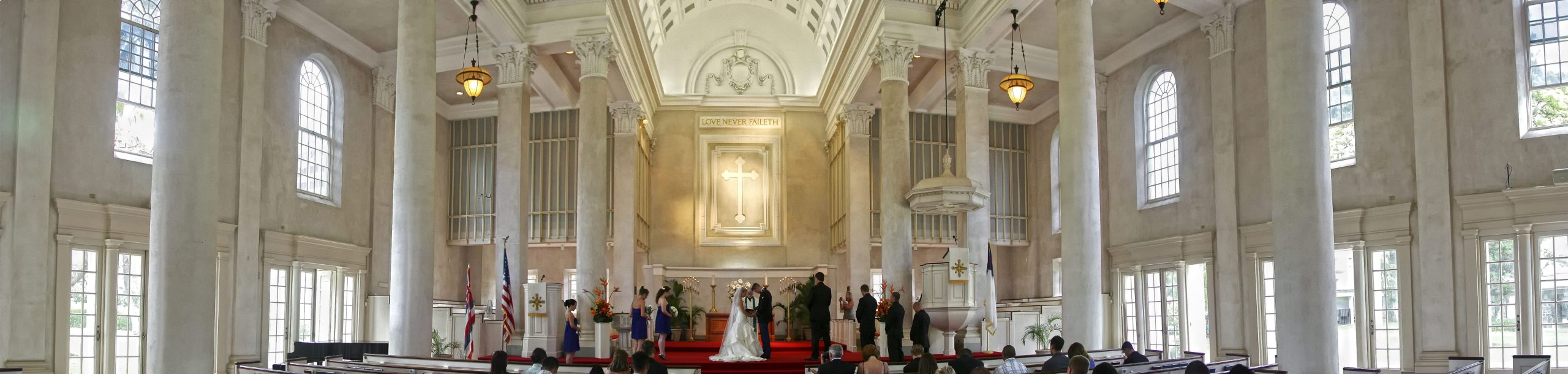 Wedding ceremony inside a beautiful church.